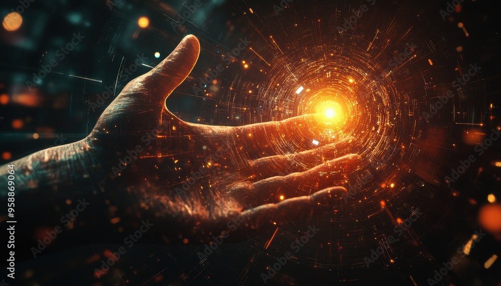 Aufkleber embracing the future: futuristic human hand with glowing light surrounded by abstract codes and digi