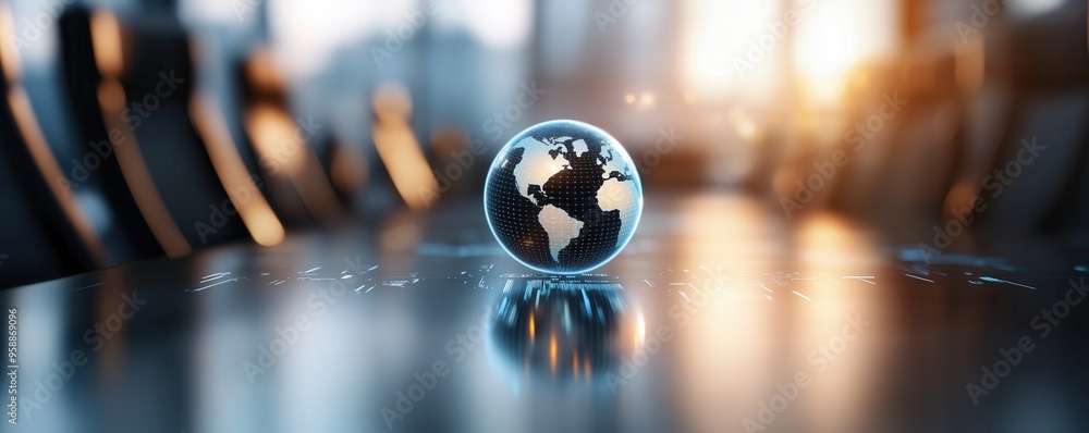 Aufkleber a glowing globe centerpiece on a conference table, symbolizing global connection and business collab