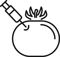 Syringe injecting gmo liquid in a tomato icon, outline style