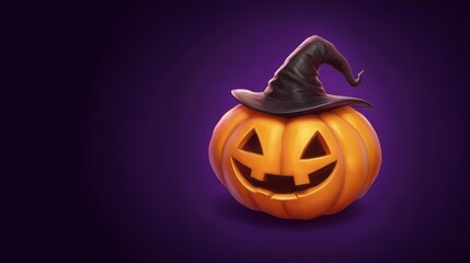 Smiling Jack-o'-Lantern Wearing Witch Hat on Purple Background in Digital Illustration Style. Generative AI