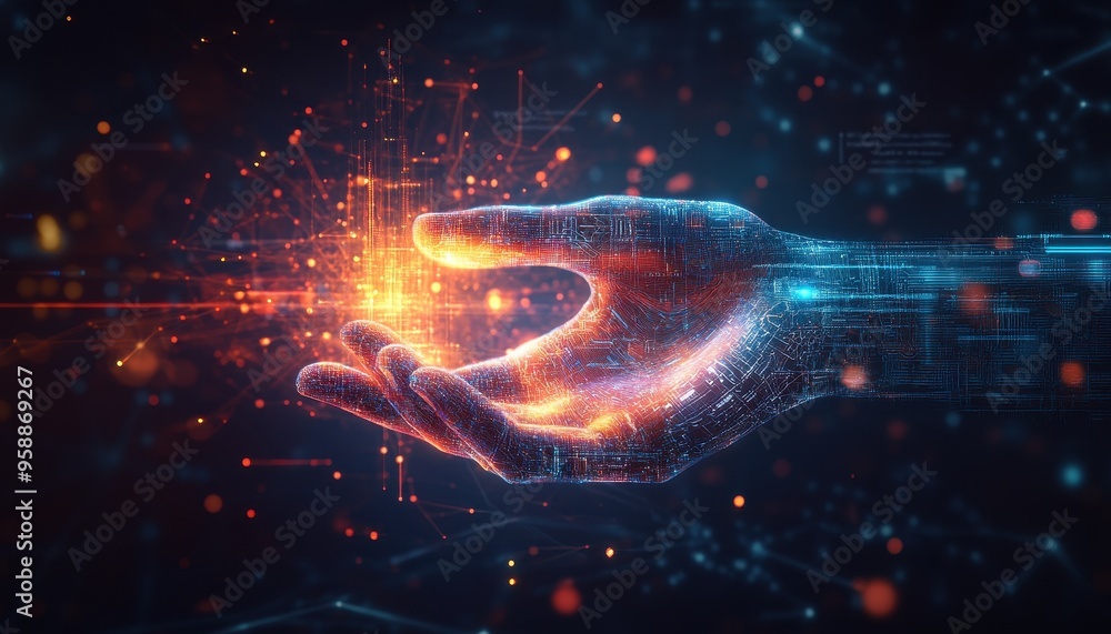 Poster technological evolution: abstract human hand with glowing circuits and digital lines representing ai