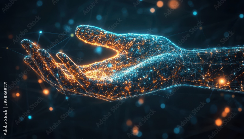 Aufkleber technological evolution: abstract human hand with glowing circuits and digital lines symbolizing ai-