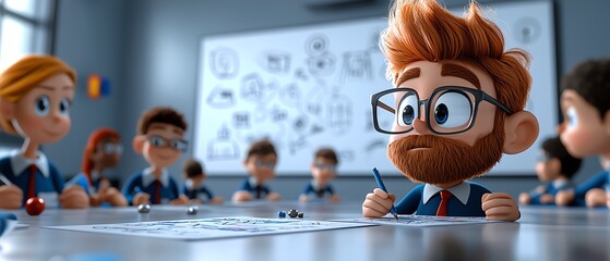 A vibrant classroom scene with cartoon characters engaged in creative learning, showcasing teamwork and imagination.