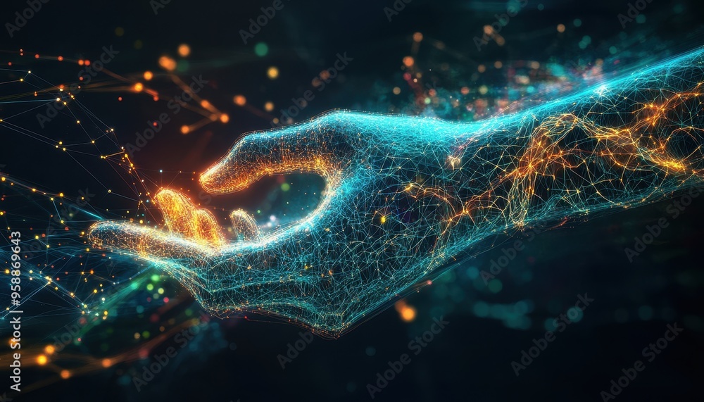 Poster futuristic integration: human hand with glowing fingertips amid digital coding and ai lines