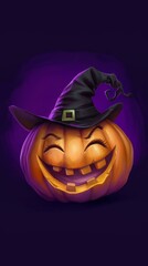 Smiling Jack-o'-Lantern Wearing Witch Hat on Purple Background in Digital Illustration Style. Generative AI