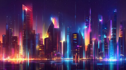 Fototapeta premium Futuristic urban skyline with bright, colorful lights and tall structures. Premium background for the latest technology needs. generative ai
