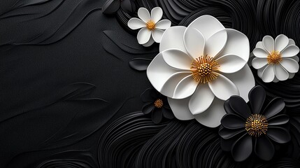 Elegant paper flowers on a textured black background, showcasing a beautiful contrast of colors and intricate designs.