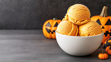 Pumpkin flavored ice cream in bowl with Halloween decorations creates festive atmosphere.