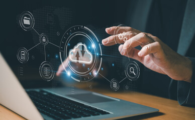 Business person migrate data and corporate information into cloud technology for data security and...
