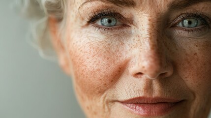 A close-up of an older woman face with a serene expression, highlighting the elegance of her age and the soft glow of her mature skin.