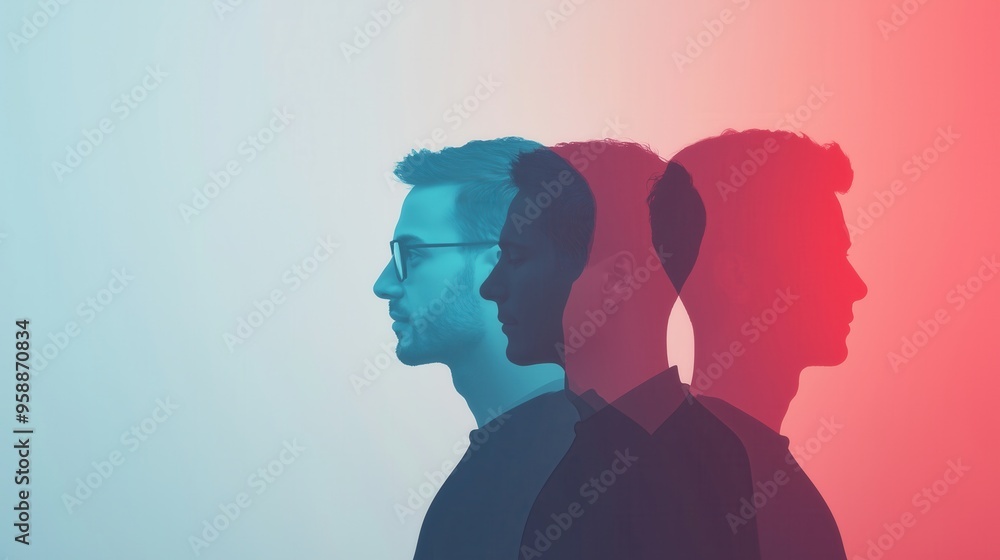 Poster stylish portrait featuring dual profiles with vibrant color overlays, creating a modern and artistic