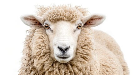fluffy sheep portrait isolated on pure white background detailed wool texture gentle expression studio lighting highlights soft contours and depth