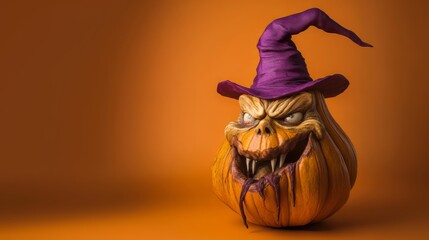 Grinning Halloween Pumpkin with Witch Hat on Orange Background - Spooky and Festive Digital Illustration. Generative AI