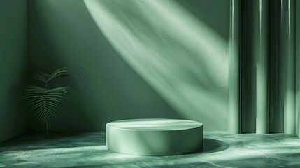 Green Cylindrical Platform with Sunlight and Plant in a Minimalist Setting