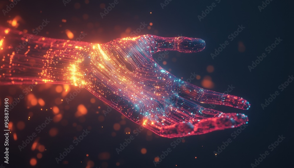 Poster digital evolution: abstract human hand with glowing circuits and ai integration