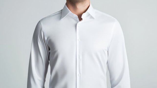 Minimalist white dress shirt, tailored fit with a clean, sleek look, suitable for business or professional clothing advertisements