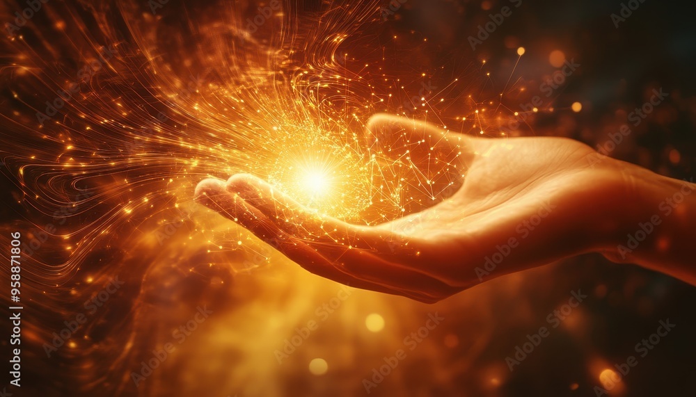 Poster illuminated: human hand with digital patterns symbolizing ai innovation and coding ideas