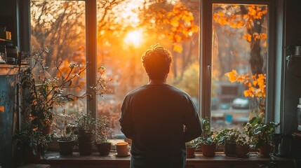 Fototapeta premium man standing at the window enjoying view at nature drinking coffee
