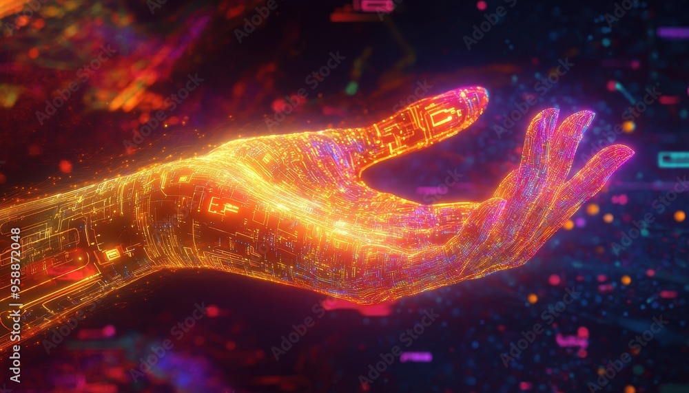 Poster technological evolution: human hand with luminous circuits and ai-driven digital symbols in abstract