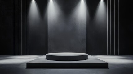Modern stage with podium and spotlights, sleek presentation atmosphere, 3D illustration