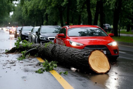 Accident, during a storm, fallen tree blocks the road and causes a multi-car pileup
