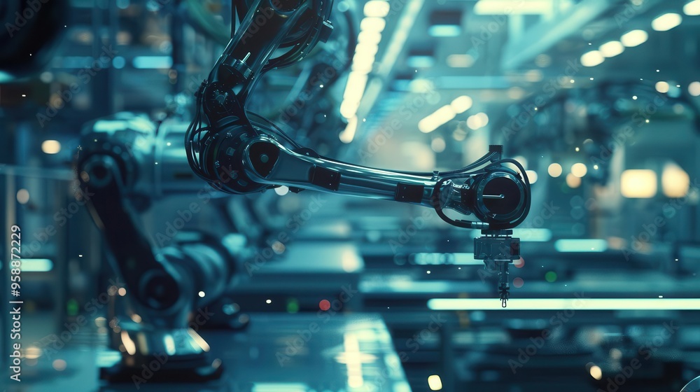 Aufkleber futuristic assembly line with gleaming metallic surfaces and robotic arms set against a blurred high