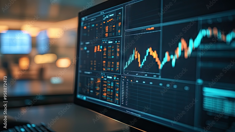 Poster a detailed financial graph with multiple indicators, displayed on a computer screen with a blurred o