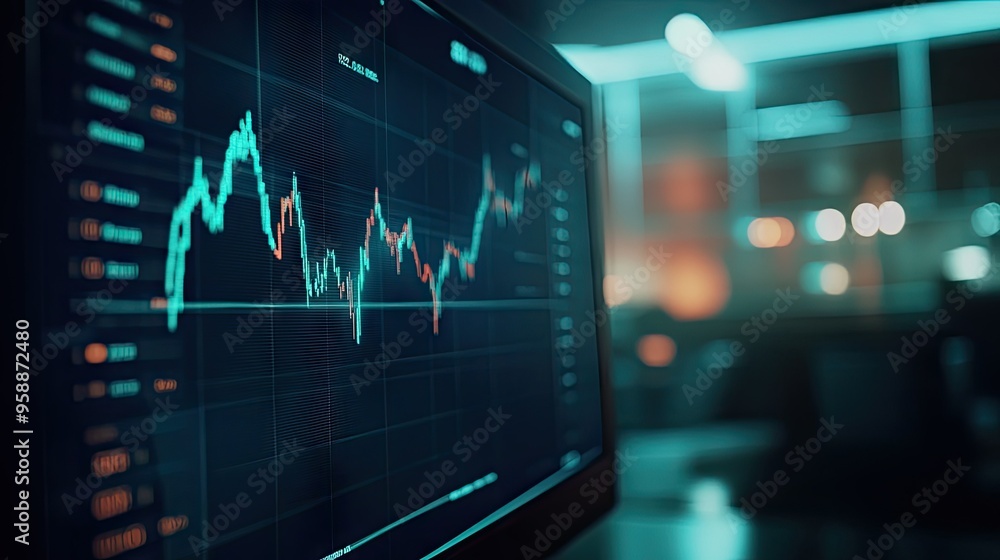 Poster a detailed financial graph with multiple indicators, displayed on a computer screen with a blurred o