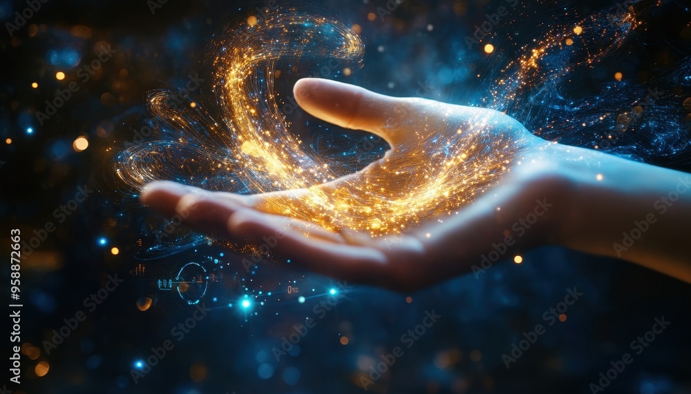 Poster digitally enhanced innovation: human hand emitting light amidst coding symbols and digital patterns