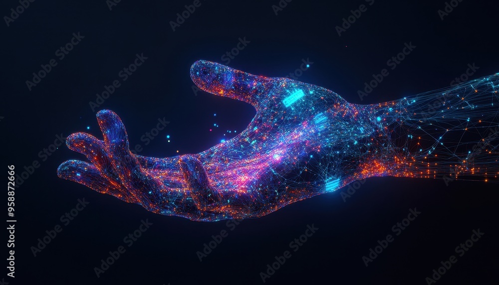 Aufkleber technological fusion: abstract human hand with luminous circuits and digital lines