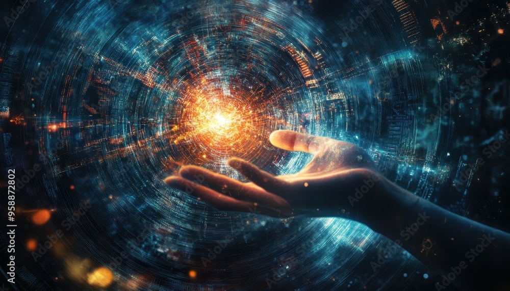 Poster illuminating innovation: human hand enveloped in digital patterns and coding symbols