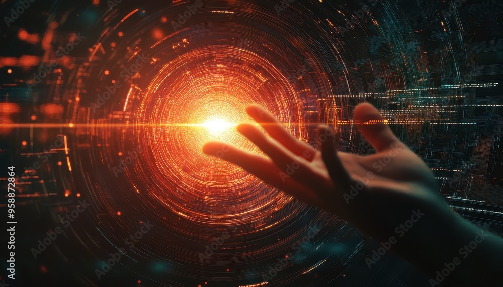 Poster illuminated innovation: human hand emitting digital light with ai coding symbols