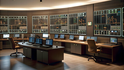 Modern Energy Control Room Background with Digital Monitors and Glowing Energy Grids - AI Driven Technology Concept in a Flat Vector Illustration for Smart Business