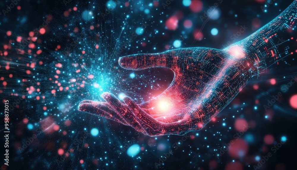 Poster illuminated future: human hand embracing ai-driven creativity through digital codes and abstract ele