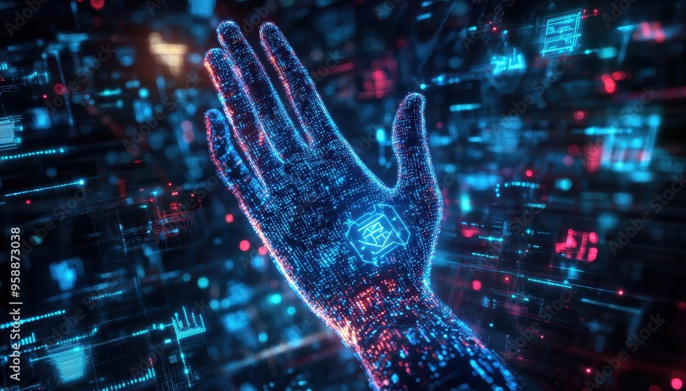 Poster futuristic cyber hand with glowing circuits and coding symbols, conceptual illustration of artificia