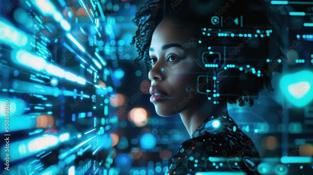 Poster futuristic cybersecurity concept featuring a black female it specialist analyzing data through an au