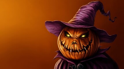 Eerie Halloween pumpkin with glowing eyes in a purple witch hat illustration against a dark orange background. Generative AI