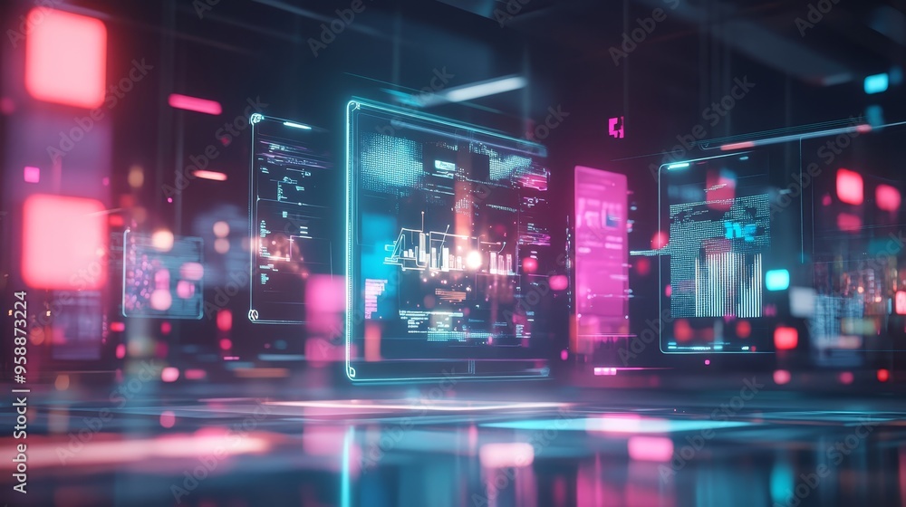 Poster futuristic digital interface with neon lights and data visualization
