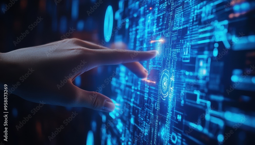 Poster embracing artificial intelligence: futuristic human hand interacting with digital surface of innovat