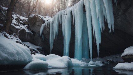 A frozen waterfall with icicles hanging from it.