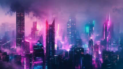 Fototapeta premium Futuristic urban skyline with bright, colorful lights and tall structures. Premium background for the latest technology needs. generative ai
