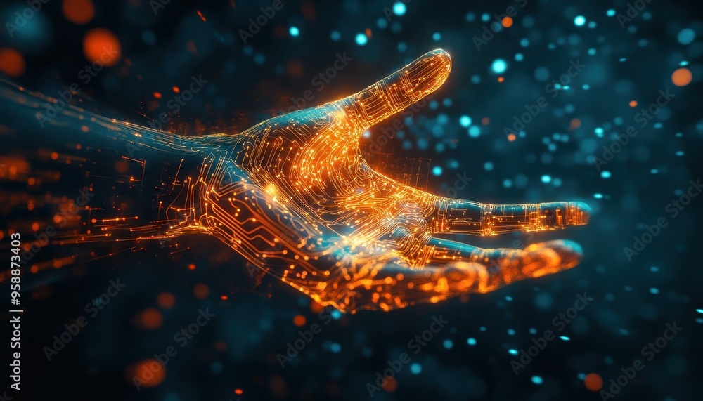 Poster digital innovation: futuristic hand with luminous circuits and coding symbols merge ai and creativit