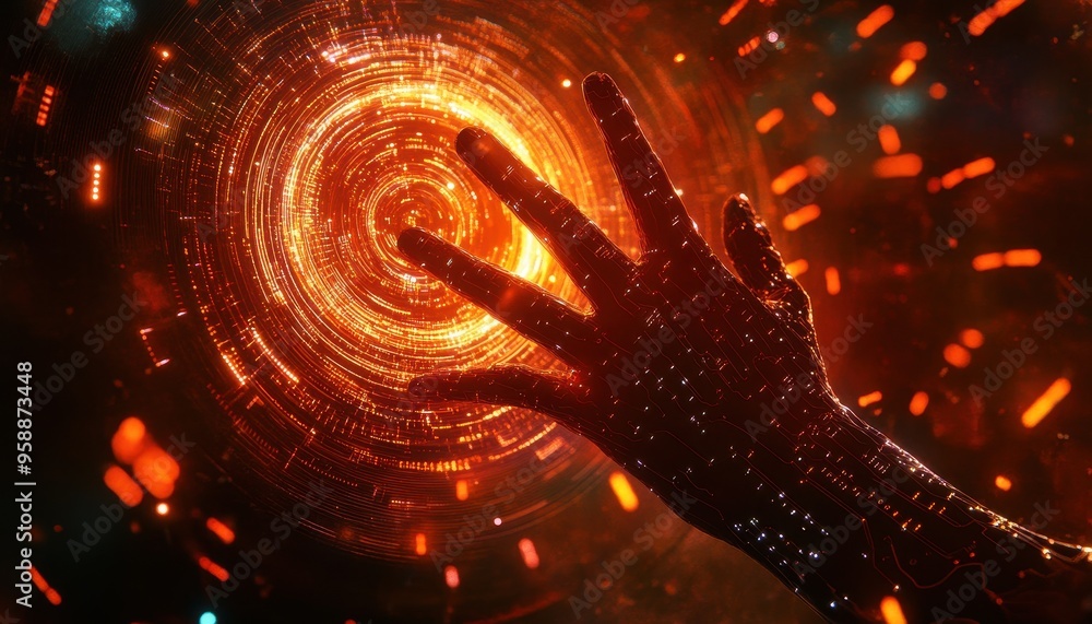 Poster techno-organic fusion: human hand with luminous circuits and coding symbols - concept of ai and crea