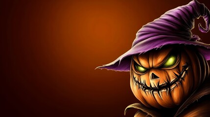 Eerie Halloween pumpkin with glowing eyes in a purple witch hat illustration against a dark orange background. Generative AI