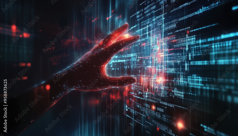 Poster futuristic ai concept: glowing human hand reaching digital interface with abstract code lines