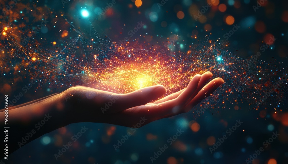 Aufkleber futuristic human hand emitting radiant glow with abstract coding symbols and digital lines - concept