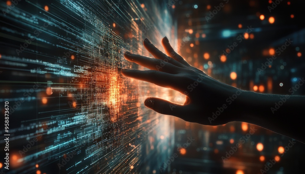 Aufkleber connecting humanity and technology: glowing hand reaching towards futuristic digital interface with 