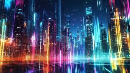 Fototapeta premium Futuristic urban skyline with bright, colorful lights and tall structures. Premium background for the latest technology needs. generative ai