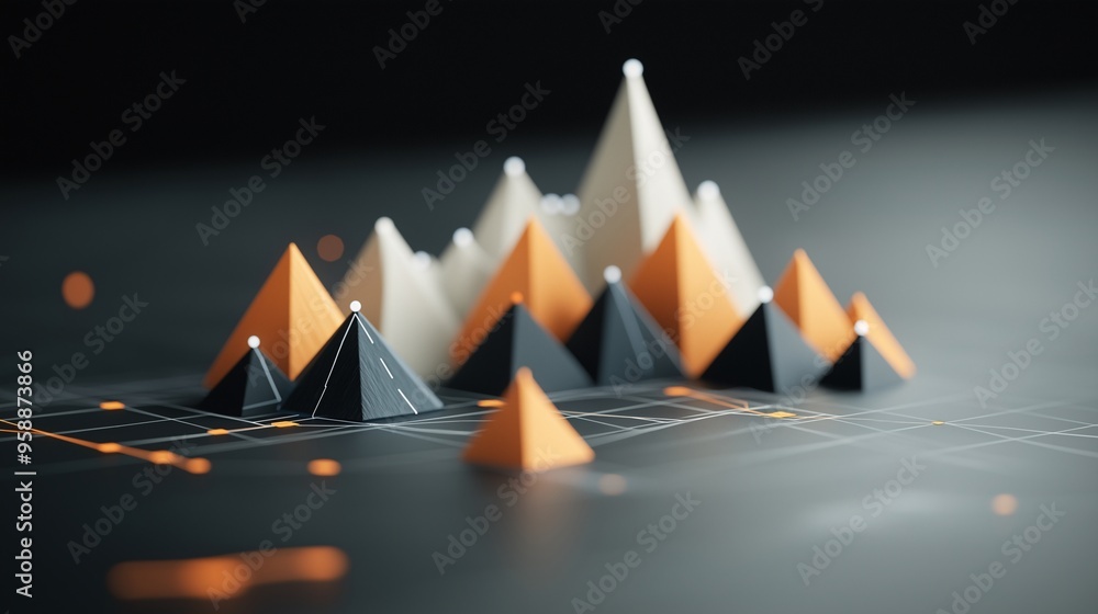 Poster data peaks: abstract 3d pyramids rise and fall, representing data visualization, analytics, and mark