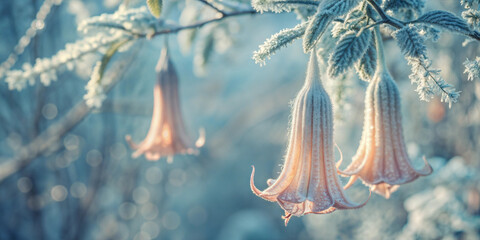 Fototapeta premium Frosty Angel's Trumpet flowers in winter morning light with soft focus background